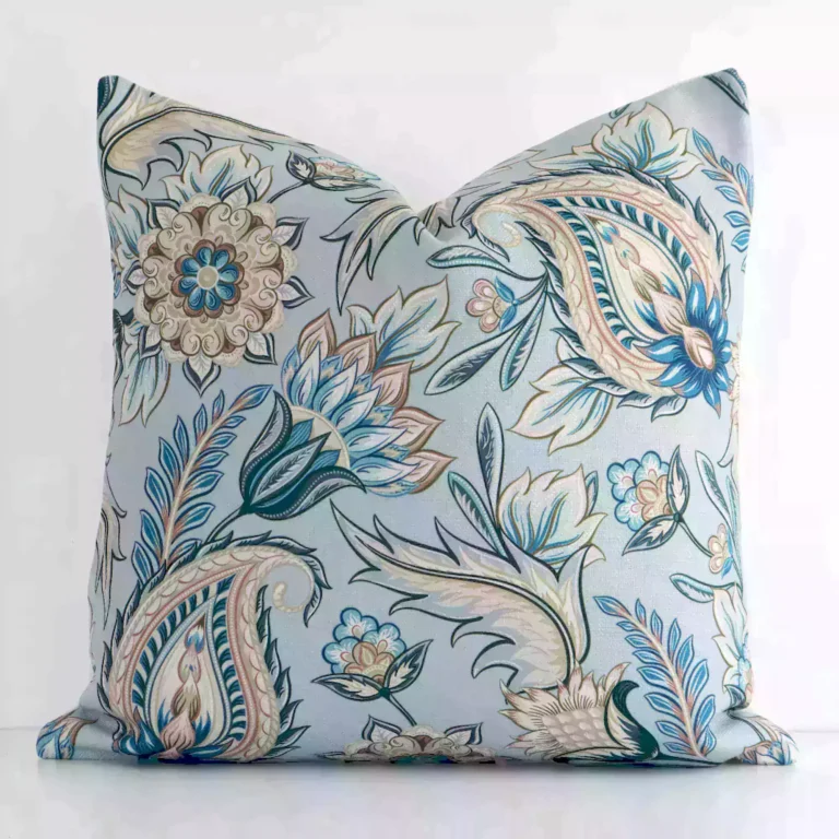 Front view of patterned square cushion. Crafted from a special linen material in a colourful finish.