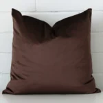Here a brown velvet cushion is shown styled against a white wall. It has a square design.