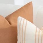 A set of 2 claybourne outdoor cushions is displayed on on white sofa.