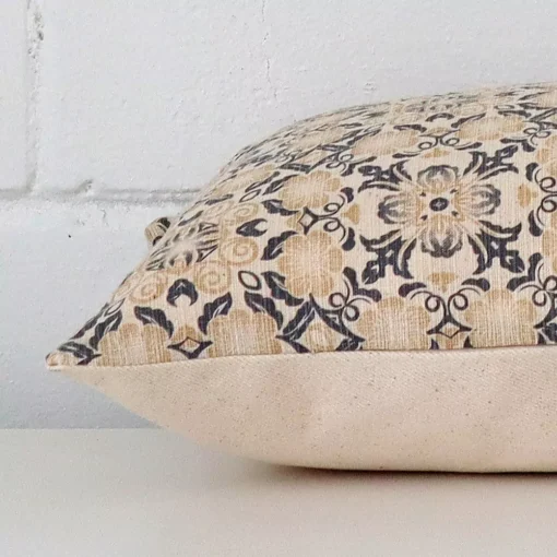 Side angle of cushion cover that has designer fabric and a large size.