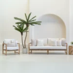 Outdoor seating displaying a set of 7 horizon sand outdoor cushions.