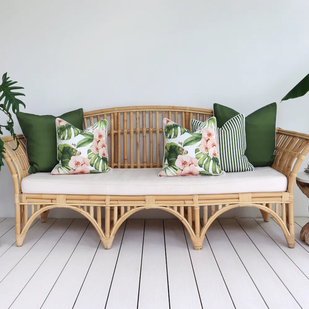 Outdoor sofa cushions displayed on large seating.