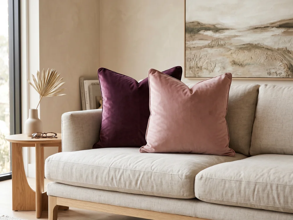 Two velvet cushions are arranged on a light sofa with a vase next to them.