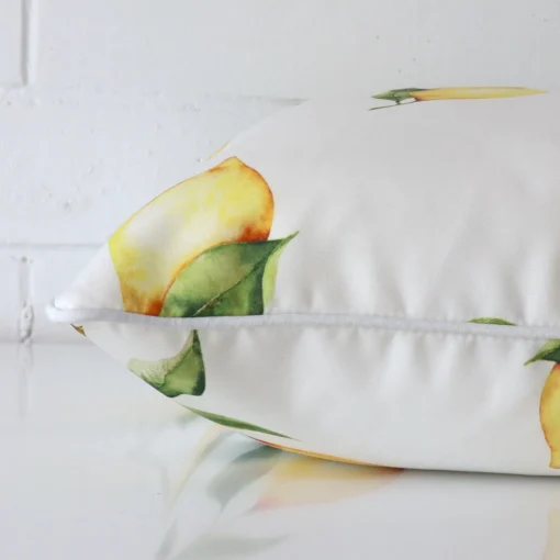 A cushion arranged sideways in front of a wall. The large size and outdoor fabric are shown and the seams are clearly visible.