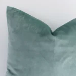 Close range image of mint solid-coloured cushion. The square shape and velvet material can be seen in detail.