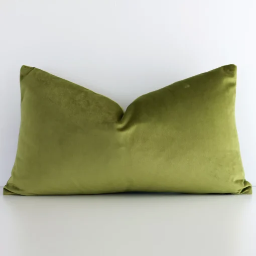 Mint rectangular cushion cover sits against a white wall. It is constructed from a superior looking velvet material and has rectangle shape.