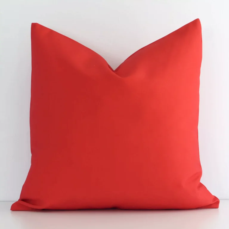Outdoor cushion with a solid colour design in an upright position against a white wall. It is red in colour.