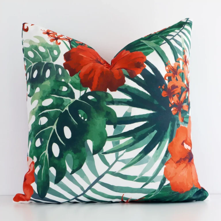 Refreshing floral red cushion cover constructed from outdoor fabric and shown in a square size.