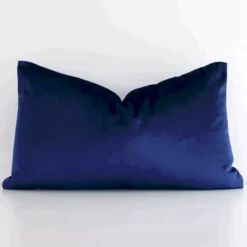 Royal blue velvet cushion cover features prominently against a white wall. It is a rectangular design and has a solid colour finish.