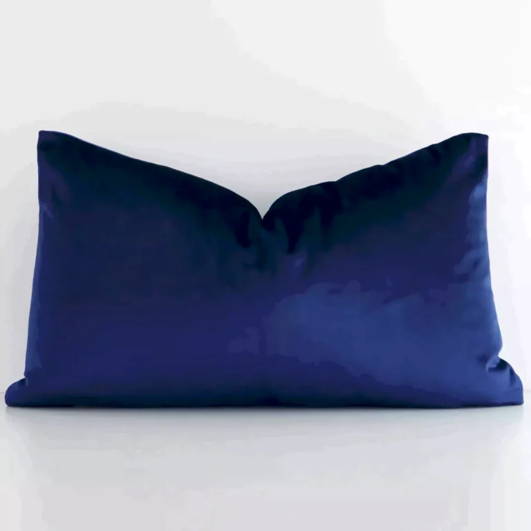 Royal blue velvet cushion cover features prominently against a white wall. It is a rectangular design and has a solid colour finish.