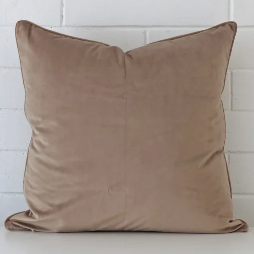 A stunning large velvet cushion in a taupe colour.