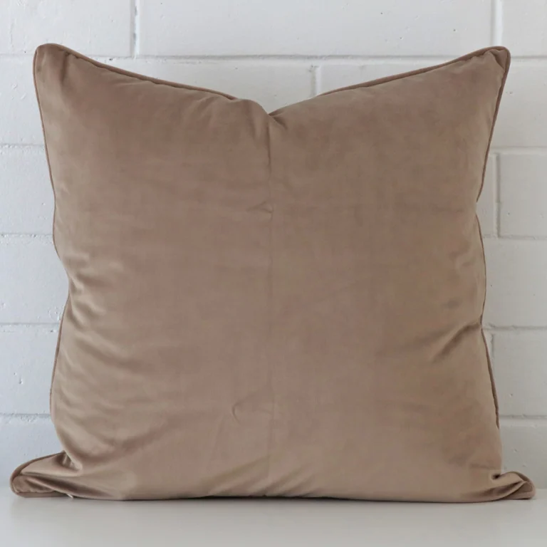 A stunning large velvet cushion in a taupe colour.
