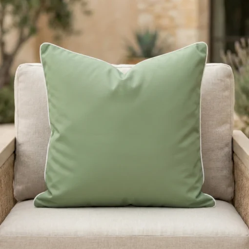 Tropica green cushion with white piping on outdoor armchair seat.